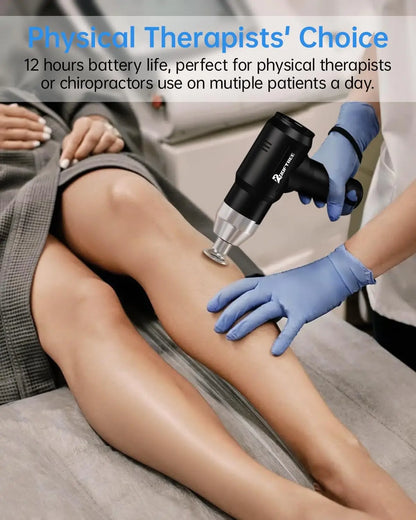 Person receiving a physical therapy treatment with a handheld device on a patient's leg.