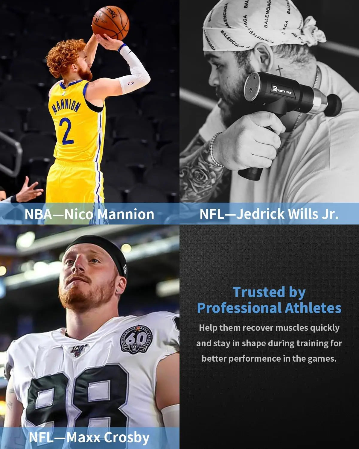 Collage of athletes using a massage gun with text about professional athletes using the product.