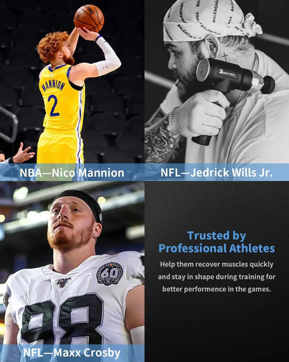 Collage of athletes using a massage gun with text about professional athletes using the product.