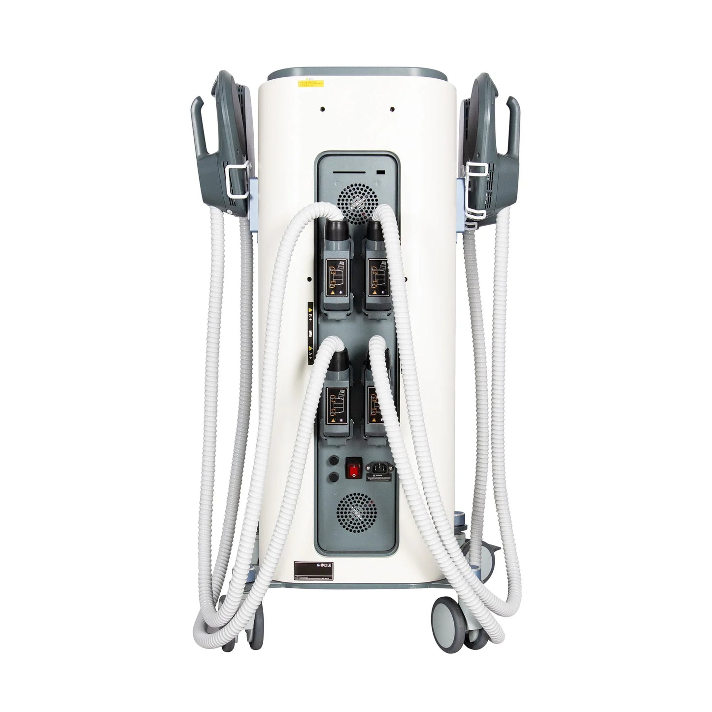 Medical device with multiple hoses and ports on a white background