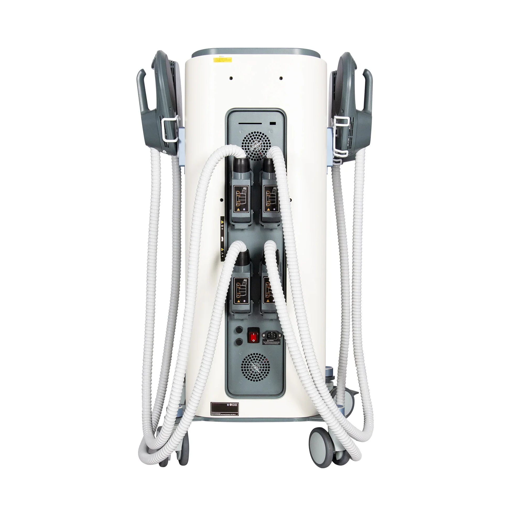 Medical device with multiple hoses and ports on a white background