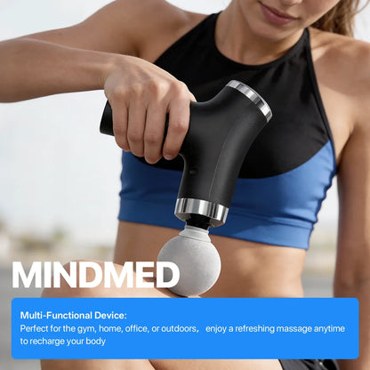 Person using a handheld massage device with 'MINDMED' branding, set against a neutral background.