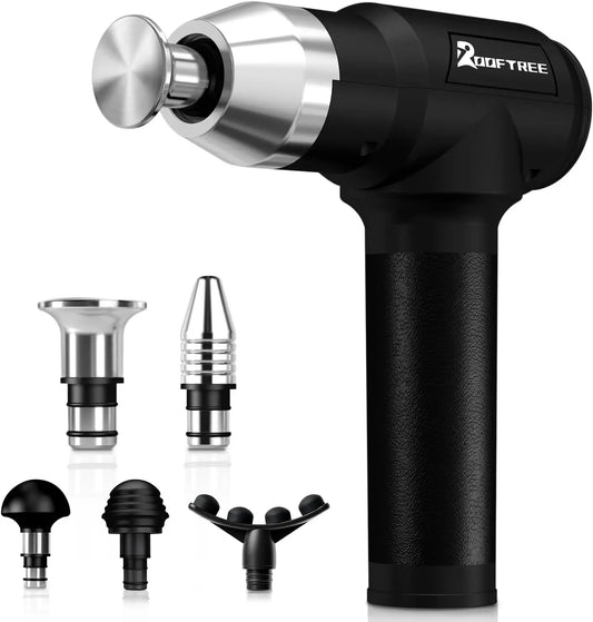 Black massage gun with attachments on a white background